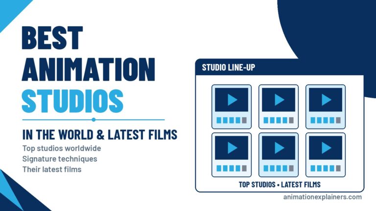 Grid of film screens with rating bars representing the best animation studios and their latest films