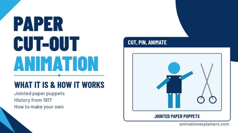 Paper cut-out animation puppet with pinned joints next to scissors